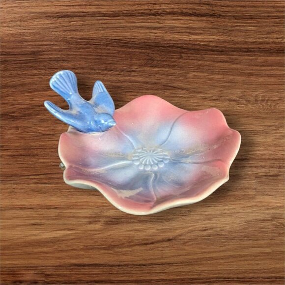 vtg Royal Copley Lotus Trinket/Soap Dish W/Perched Bluebird, dresser bathroom - Picture 2 of 6